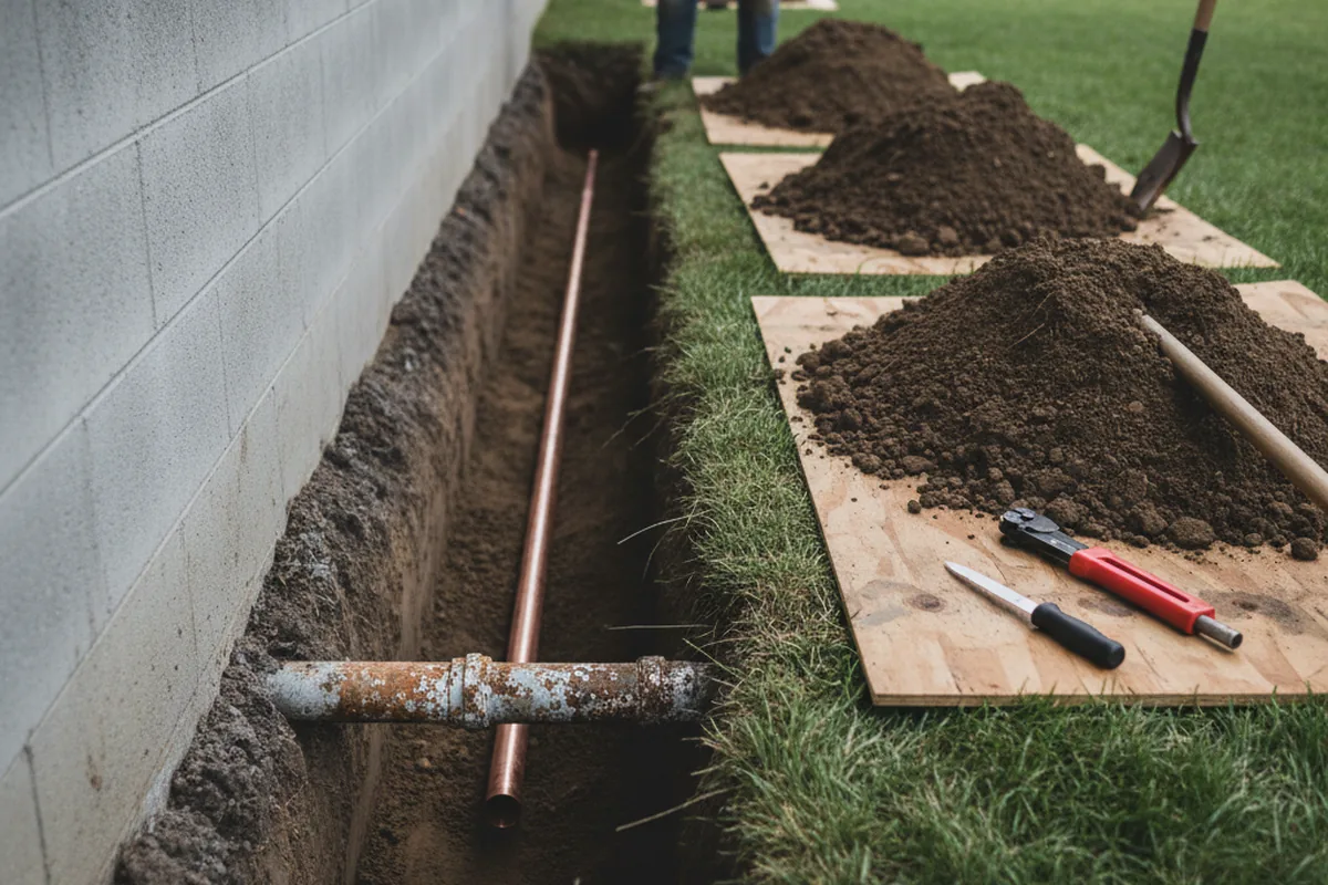 Excavated water line trench during Sewer Line Repair in Grapeview